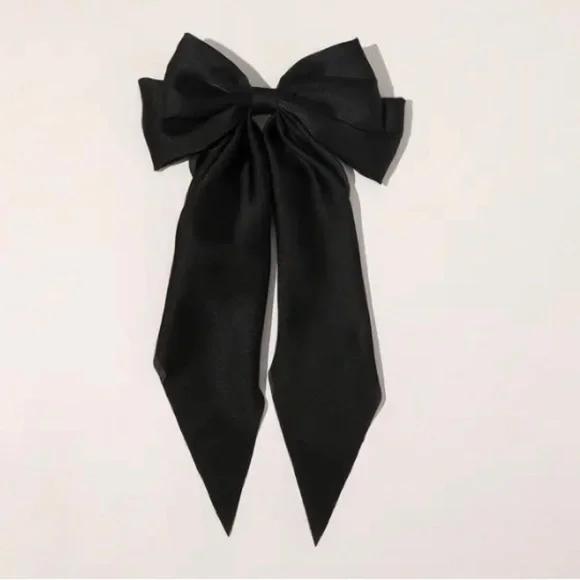 Big Hair Bow Satin Ribbon 🎀 Clip On Black Long Bow Goth Dark Punk - Picture 7 of 7